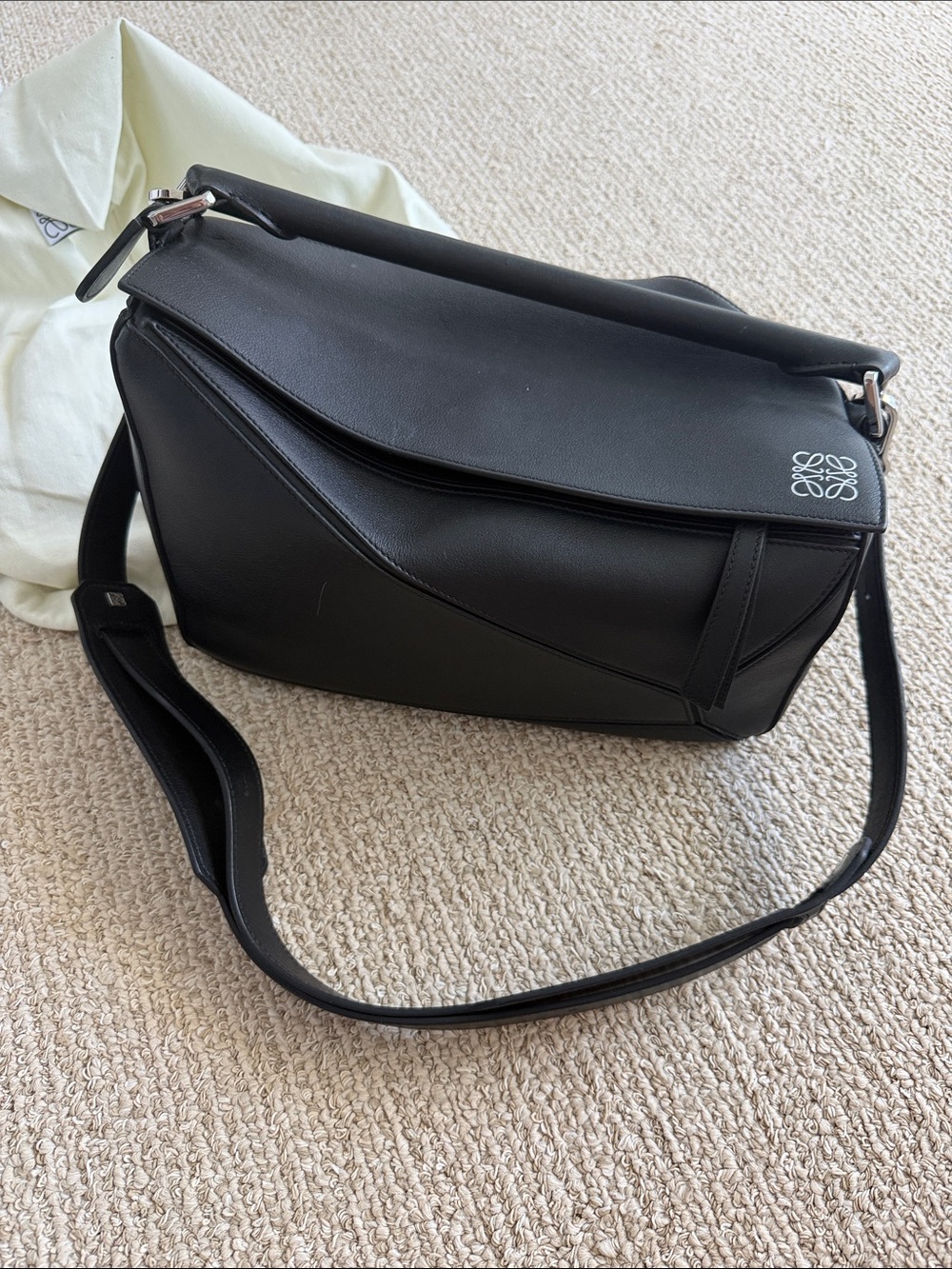 Loewe Small Black Puzzle Shoulder Bag with Silver Hardware